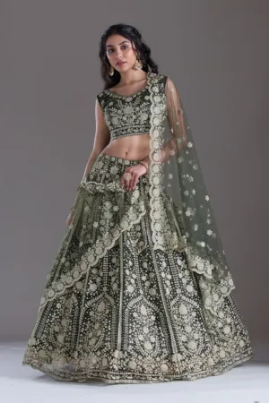 Mehendi Threadwork Net Readymade Lehenga