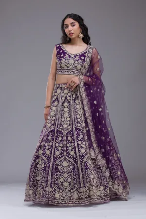 Purple Threadwork Net Readymade Lehenga