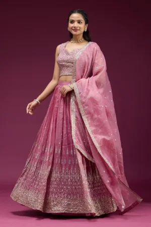 Onion Pink Sequins Organza Readymade Lehenga