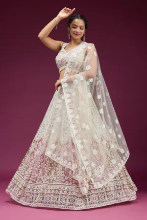 Beige Pearlwork Net Readymade Lehenga