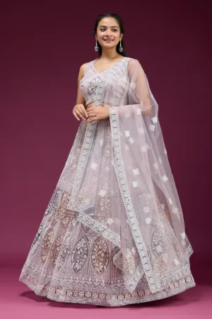 Beige Pearlwork Net Readymade Lehenga