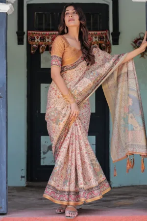 Beige & Maroon Handloom Cotton Saree