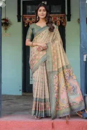 Beige Green Handloom Cotton Saree