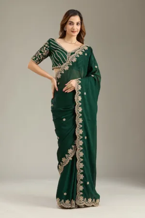 Bottle Green Cording Semi Crepe Saree