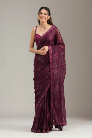Wine Stonework Chiffon Saree