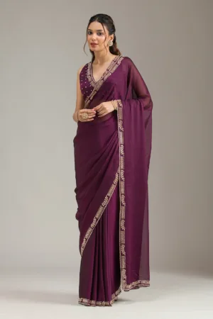 Wine Stonework (Gold) Georgette Saree