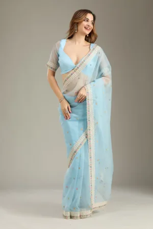 Sky Blue Threadwork Tissue Saree