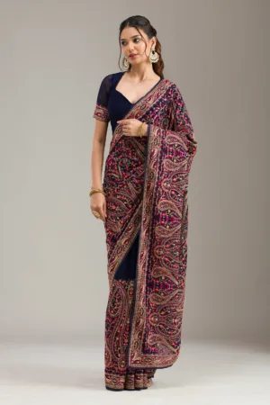 Navy Blue Zariwork (Gold) Organza Saree