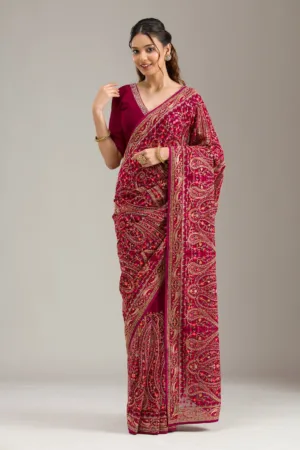 Wine Threadwork Georgette Saree