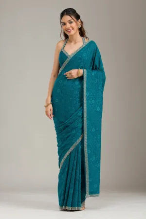 Teal Green Threadwork Georgette Saree