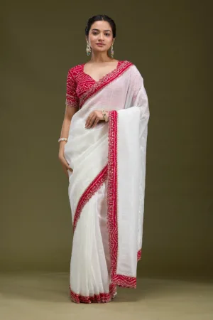 White Printed Satin Saree