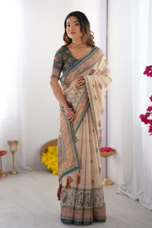 Ivory & Teal Handloom Cotton Saree
