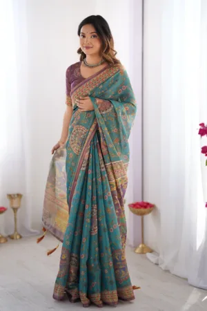 Sea Green & Purple Linen Cotton Saree