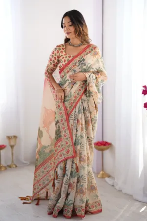Beige & Red Handloom Linen Cotton Saree