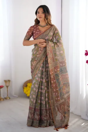 Olive Green Pure Linen Cotton Handloom Saree