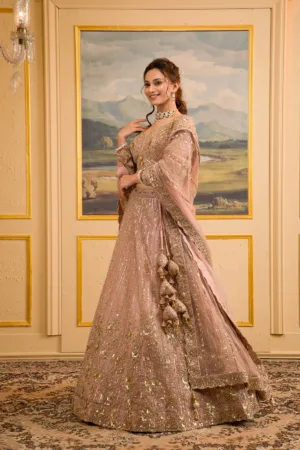 Baby Pink Zariwork Net Readymade Lehenga