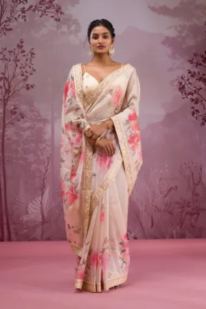 Beige Printed Georgette Saree