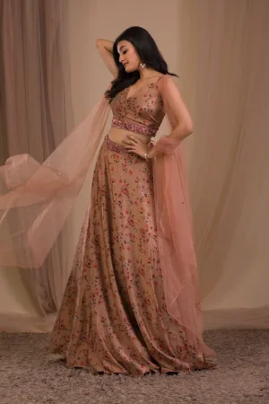 Brown Printed Satin Readymade Lehenga