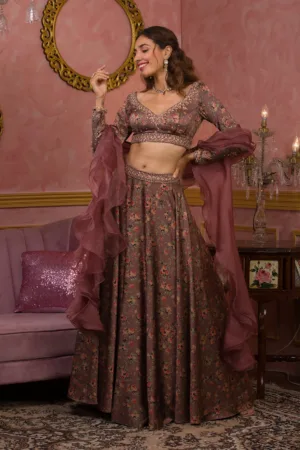 Lavender Printed Semi Crepe Readymade Lehenga