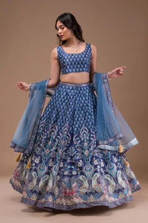 Navy Blue Swaroski Banarasi Readymade Lehenga