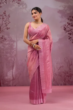 Onion Pink Swarovski Tissue Saree