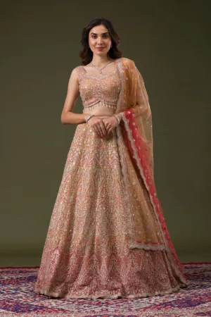 Orange Threadwork Net Readymade Lehenga