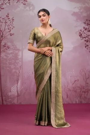 Rama Green Threadwork Tissue Saree
