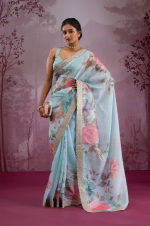 Sea Green Printed Georgette Saree