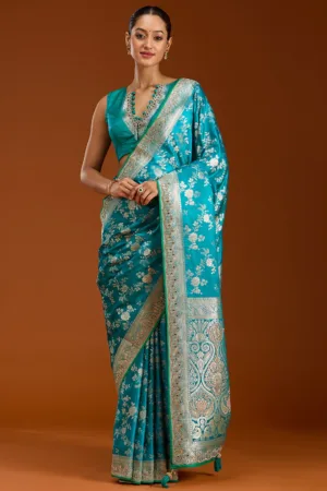 Turquoise Blue Stonework Silk Saree