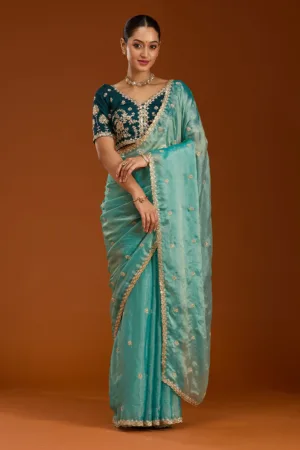 Sea Green Cording Tissue Saree