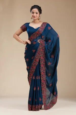 Navy Blue Kashmiri Chiffon Saree