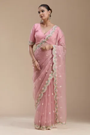 Onion Pink Threadwork Tissue Saree