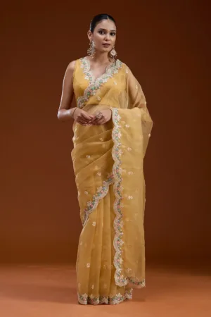 Yellow Threadwork Tissue Saree