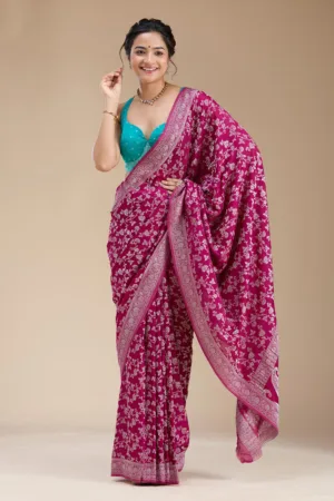 Wine Zariwork (Gold) Georgette Silk Saree