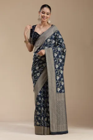 Navy Blue Zariwork Georgette Silk_Saree