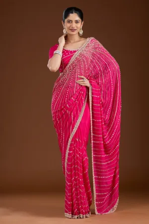 Rani Pink Aariwork Satin Saree
