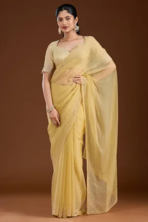 Yellow Stonework (Silver) Chiffon Saree