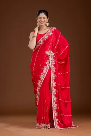 Red Aariwork Satin Saree