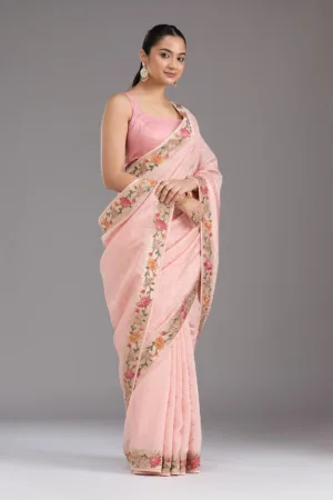 Baby Pink Threadwork Tissue Saree