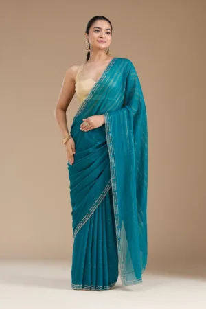 Peacock Blue Stonework (Gold) Chiffon Saree