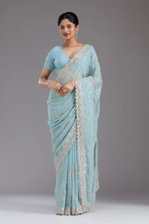 Sky Blue Zariwork (Gold) Georgette Saree