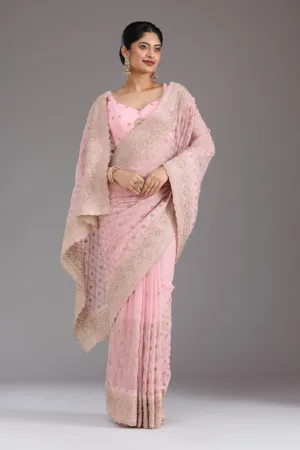 Baby Pink Zariwork (Gold) Georgette Saree