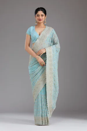 Sky Blue Zariwork (Gold) Georgette Saree