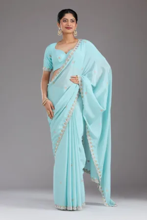 Sky Blue Zariwork (Gold) Chinon Saree