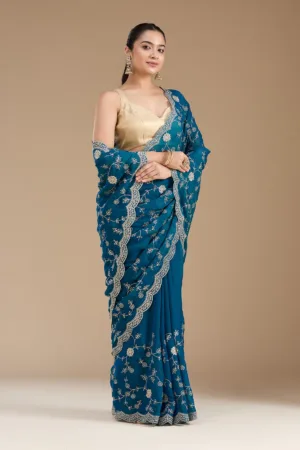 Peacock Blue Zariwork (Gold) Georgette Saree