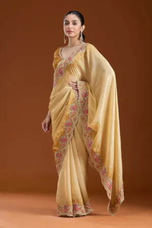 Mustard Threadwork Tissue Saree
