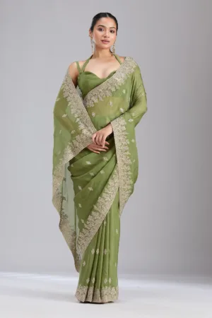 Mehandi Green Threadwork Tissue Saree