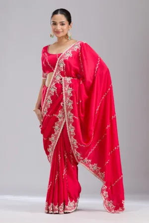 Rani Pink Aariwork Satin Saree