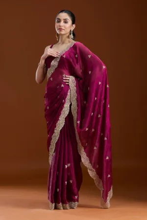 Wine Zariwork (Gold) Tissue Saree