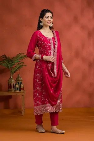Rani Pink Threadwork Raw Silk Readymade Salwar Suit